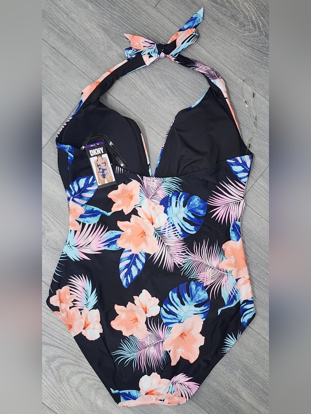 DKNY Women’s XXL One Piece Halter Swimsuit Tropical Floral Black NWT - Picture 5 of 7